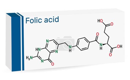 Illustration for Folic acid, folate molecule. It is known as vitamin B9. Skeletal chemical formula. Paper packaging for drugs. Vector illustration - Royalty Free Image