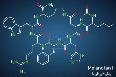 Ilustración de Melanotan II molecule. Es análogo sintético de la hormona peptídica, estimula la melanogénesis y aumenta la excitación sexual. Fórmula química estructural sobre el fondo azul oscuro. Ilustración vectorial - Imagen libre de derechos