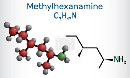 Ilustración de Metilhexanamina, metilhexamina, dimetilamilamina, molécula DMAA. Es alquilamina, droga simpaticomimética indirecta. Fórmula química estructural, modelo molecular. Ilustración vectorial - Imagen libre de derechos
