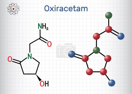 Illustration for Oxiracetam molecule. It is is a nootropic drug of the racetam family, very mild stimulant. Structural chemical formula and molecule model. Sheet of paper in a cage. Vector illustration - Royalty Free Image
