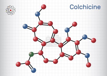 Illustration for Colchicine molecule. It is alkaloid with anti-gout and anti-inflammatory activities, used in the symptomatic relief of pain. Structural chemical formula, molecule model. Sheet of paper in a cage. Vector illustration - Royalty Free Image