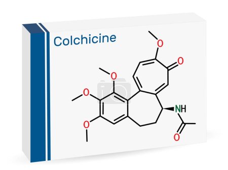 Illustration for Colchicine molecule. It is alkaloid with anti-gout and anti-inflammatory activities, used in the symptomatic relief of pain. Skeletal chemical formula. Paper packaging for drugs. Vector illustration - Royalty Free Image