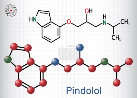Illustration for Pindolol molecule. It is nonselective beta adrenergic receptor blocker, used to treat hypertension, edema. Structural chemical formula, molecule model. Sheet of paper in a cage. Vector illustration - Royalty Free Image
