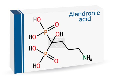 Illustration for Alendronic acid molecule. It is bisphosphonate drug, used for treatment of osteoporosis. Skeletal chemical formula. Paper packaging for drugs. Vector illustration - Royalty Free Image