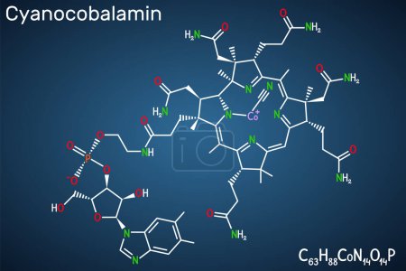 Ilustración de Cianocobalamina, molécula de cobalamina. Es una forma de vitamina B12. Fórmula química estructural sobre el fondo azul oscuro. Ilustración vectorial - Imagen libre de derechos