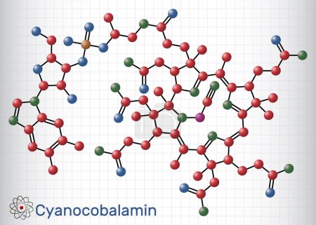Téléchargez les illustrations : Cyanocobalamine, molécule de cobalamine. C'est une forme de vitamine B12. Modèle moléculaire. Feuille de papier en cage. Illustration vectorielle - en licence libre de droit