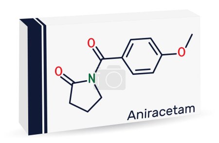 Illustration for Aniracetam molecule. It is nootropic drug used to ameliorate memory, attention disturbances. Skeletal chemical formula. Paper packaging for drugs. Vector illustration - Royalty Free Image