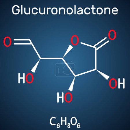 Ilustración de Molécula de glucuronolactona. Es una sustancia natural, utilizada en bebidas energéticas. Fórmula química estructural sobre el fondo azul oscuro. Ilustración vectorial - Imagen libre de derechos