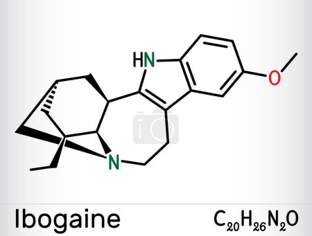 Illustration for Ibogaine molecule. It is monoterpenoid indole alkaloid, psychoactive substance, hallucinogen, psychedelic. Skeletal chemical formula. Vector illustration - Royalty Free Image