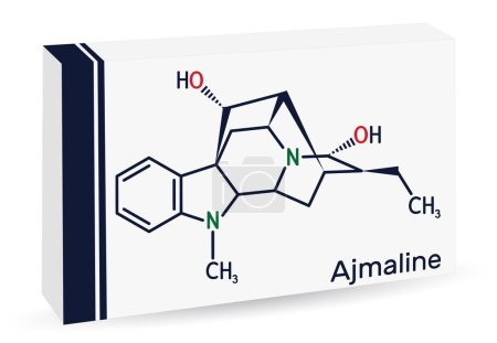 Illustration for Ajmaline molecule. It is alkaloid, antiarrhythmic used to manage a variety of forms of tachycardias. Skeletal chemical formula. Paper packaging for drugs. Vector illustration - Royalty Free Image
