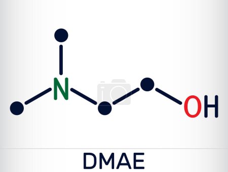 Téléchargez les illustrations : Diméthyléthanolamine, diméthylaminoéthanol, DMAE, molécule de DMEA. C'est de l'amine tertiaire, un agent de durcissement et un piégeur radical. Formule chimique squelettique. Illustration vectorielle - en licence libre de droit