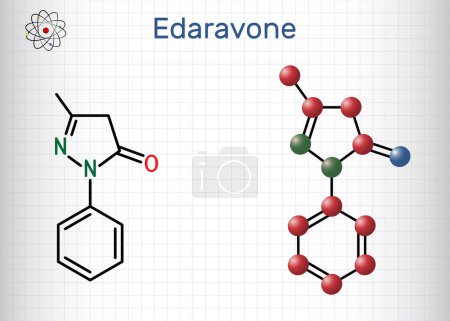 Illustration for Edaravone molecule. It is used for treatment of amyotrophic lateral sclerosis ALS. Structural chemical formula, molecule model. Sheet of paper in a cage. Vector illustration - Royalty Free Image