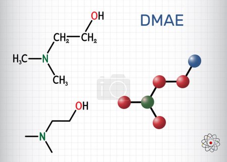 Illustration for Dimethylethanolamine, dimethylaminoethanol, DMAE, DMEA molecule. It is tertiary amine, curing agent, radical scavenger. Structural formula, molecule model. Sheet of paper in a cage.  Vector illustration - Royalty Free Image