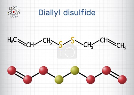 Ilustración de Disulfuro de dialilo, molécula DADS. Es disulfuro orgánico, que se encuentra en el ajo y otras especies del género Allium. Fórmula química estructural, modelo molecular. Hoja de papel en una jaula. Ilustración vectorial - Imagen libre de derechos