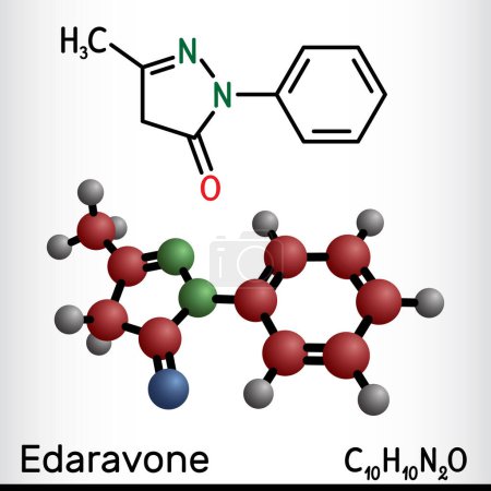 Illustration for Edaravone molecule. It is used for treatment of amyotrophic lateral sclerosis ALS. Structural chemical formula, molecule model. Vector illustration - Royalty Free Image