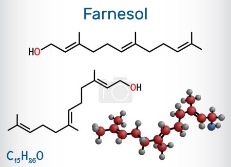 Téléchargez les illustrations : Molécule de Farnesol. Il est dérivé des terpénoïdes. Il a une odeur délicate et est utilisé en parfumerie. "Structural chemical formula and molecule model". Illustration vectorielle - en licence libre de droit