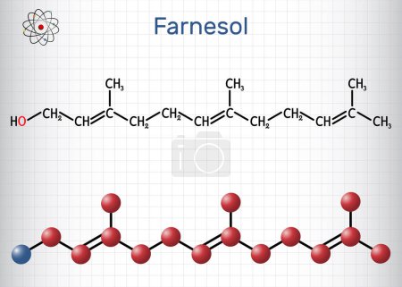 Illustration for Farnesol molecule. It is derivative of terpenoids. It has a delicate odor and is used in perfumery. Structural chemical formula and molecule model. Sheet of paper in a cage. Vector illustration - Royalty Free Image