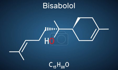 Ilustración de Bisabolol, alfa-bisabolol, molécula de levomenol. Es alcohol sesquiterpeno monocíclico natural, utilizado en diversas fragancias. Fórmula química estructural sobre el fondo azul oscuro. Ilustración vectorial - Imagen libre de derechos