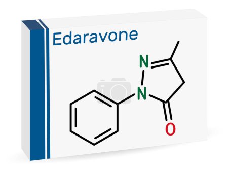 Illustration for Edaravone molecule. It is used for treatment of amyotrophic lateral sclerosis ALS. Skeletal chemical formula. Paper packaging for drugs. Vector illustration - Royalty Free Image