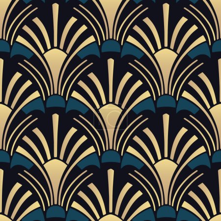 A blue and gold vintage art deco seamless pattern. Vector illustration