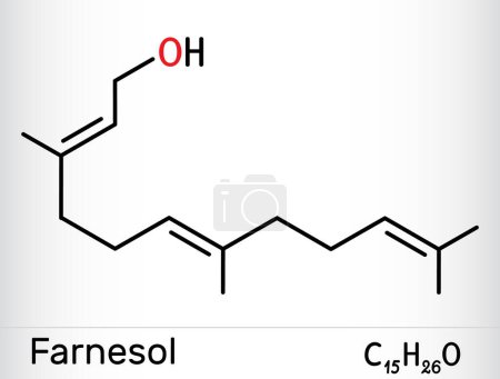 Téléchargez les illustrations : Molécule de Farnesol. Il est dérivé des terpénoïdes. Il a une odeur délicate et est utilisé en parfumerie. Formule chimique squelettique. Illustration vectorielle - en licence libre de droit
