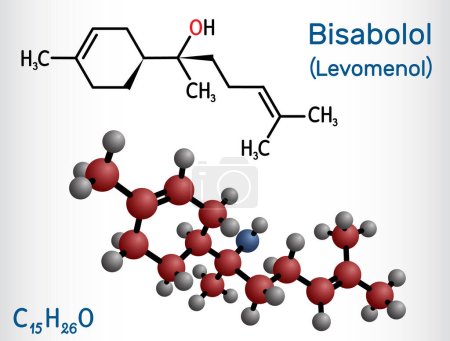 Bisabolol, alpha-Bisabolol, levomenol molecule. It is natural monocyclic sesquiterpene alcohol, used in various fragrances. Structural chemical formula, molecule model. Vector illustration