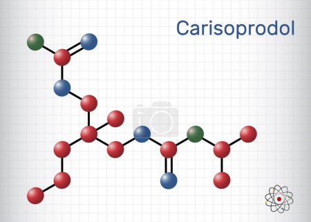 Illustration for Carisoprodol molecule. It is muscle relaxant, used in painful musculoskeletal conditions. Structural chemical formula, molecule model. Sheet of paper in a cage. Vector illustration - Royalty Free Image