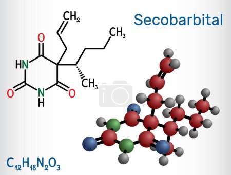 Illustration for Secobarbital molecule. Barbiturate drug with anaesthetic, anticonvulsant, sedative, hypnotic properties for treatment of insomnia. Structural chemical formula, molecule model. Vector illustration - Royalty Free Image