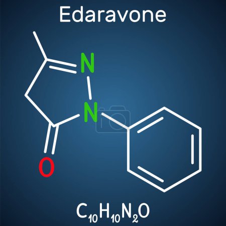 Illustration for Edaravone molecule. It is used for treatment of amyotrophic lateral sclerosis ALS. Structural chemical formula on the dark blue background. Vector illustration - Royalty Free Image