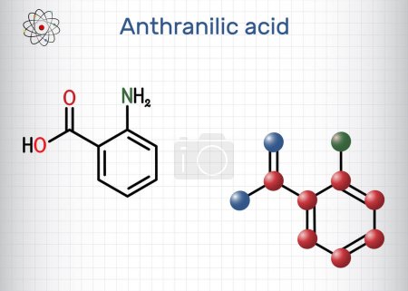 Ilustración de Molécula de ácido antranílico. Es ácido aromático aminobenzoico. Fórmula química estructural y modelo molecular. Hoja de papel en una jaula. Ilustración vectorial - Imagen libre de derechos