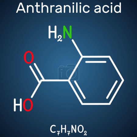 Ilustración de Molécula de ácido antranílico. Es ácido aromático aminobenzoico. Fórmula química estructural sobre el fondo azul oscuro. Ilustración vectorial - Imagen libre de derechos