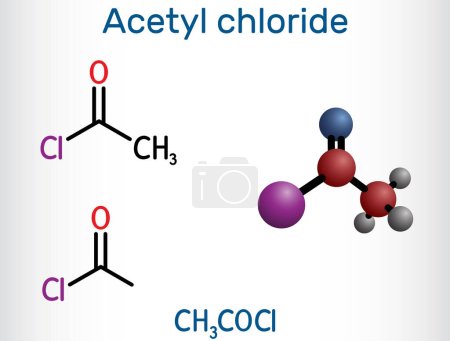 Illustration for Acetyl chloride molecule. It is acyl chloride, acyl halide. Structural chemical formula and molecule model. Vector illustration - Royalty Free Image