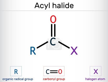 Illustration for Acyl halide, acid halide, RCOX molecule. It is chemical compound with functional group therefore suffix  - oyl halide. Structural chemical formula. Vector illustration - Royalty Free Image