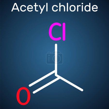 Téléchargez les illustrations : Molécule de chlorure d'acétyle. C'est chlorure d'acyle, halogénure d'acyle. Formule chimique structurelle sur le fond bleu foncé. Illustration vectorielle - en licence libre de droit