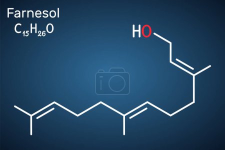 Illustration for Farnesol molecule. It is derivative of terpenoids. It has a delicate odor and is used in perfumery. Structural chemical formula on the dark blue background. Vector illustration - Royalty Free Image