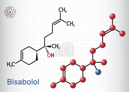Ilustración de Bisabolol, alfa-bisabolol, molécula de levomenol. Es alcohol sesquiterpeno natural, utilizado en fragancias. Fórmula química estructural, modelo molecular. Hoja de papel en una jaula. Ilustración vectorial - Imagen libre de derechos