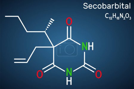 Illustration for Secobarbital molecule. Barbiturate drug with anaesthetic, anticonvulsant, sedative, hypnotic properties for treatment of insomnia. Structural chemical formula on the dark blue background. Vector illustration - Royalty Free Image