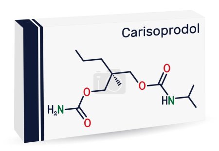 Illustration for Carisoprodol molecule. It is muscle relaxant, used in painful musculoskeletal conditions. Skeletal chemical formula. Paper packaging for drugs. Vector illustration - Royalty Free Image