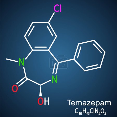 Temazepam Drogenmolekül. Es ist Benzodiazepin, das zur Behandlung von Panikstörungen, schwerer Angst und Schlaflosigkeit eingesetzt wird. Strukturchemische Formel auf dunkelblauem Hintergrund. Vektorillustration