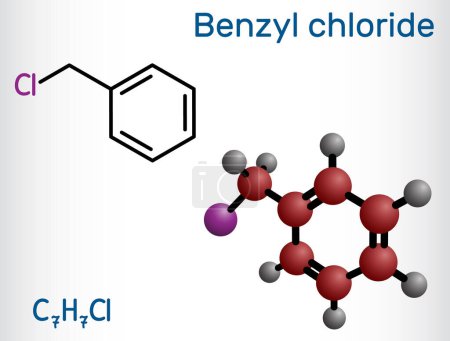 Illustration for Benzyl chloride, alpha-chlorotoluene molecule. Is used in manufacture of dyes, pharmaceutical products, as photographic developer. Structural chemical formula, molecule model. Vector illustration - Royalty Free Image