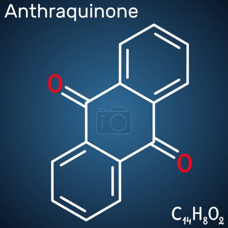 Téléchargez les illustrations : Anthraquinone, anthracènedione ou molécule de dioxoanthracène. C'est composé organique aromatique, classe de quinone. Formule chimique structurelle sur le fond bleu foncé. Illustration vectorielle - en licence libre de droit