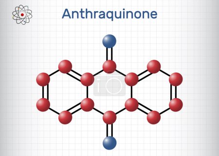 Illustration for Anthraquinone, anthracenedione or dioxoanthracene molecule. It is aromatic organic compound, quinone class. Structural chemical formula, molecule model. Sheet of paper in a cage. Vector illustration - Royalty Free Image