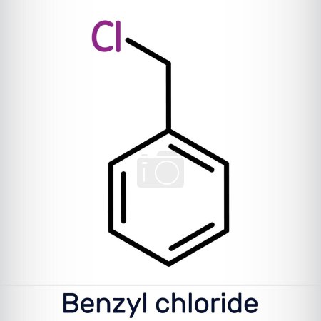 Illustration for Benzyl chloride, alpha-chlorotoluene molecule. Is used in manufacture of dyes, pharmaceutical products, as photographic developer. Skeletal chemical formula. Vector illustration - Royalty Free Image