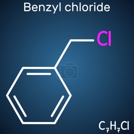 Téléchargez les illustrations : Chlorure de benzyle, molécule d'alpha-chlorotoluène. Est utilisé dans la fabrication de colorants, produits pharmaceutiques, comme développeur photographique. Formule chimique structurelle, fond bleu foncé. Illustration vectorielle - en licence libre de droit