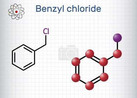 Téléchargez les illustrations : Chlorure de benzyle, molécule d'alpha-chlorotoluène. Est utilisé dans la fabrication de colorants, produits pharmaceutiques, comme développeur photographique. Feuille de papier en cage. Illustration vectorielle - en licence libre de droit