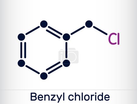 Téléchargez les illustrations : Chlorure de benzyle, molécule d'alpha-chlorotoluène. Est utilisé dans la fabrication de colorants, produits pharmaceutiques, comme développeur photographique. Formule chimique squelettique. Illustration vectorielle - en licence libre de droit