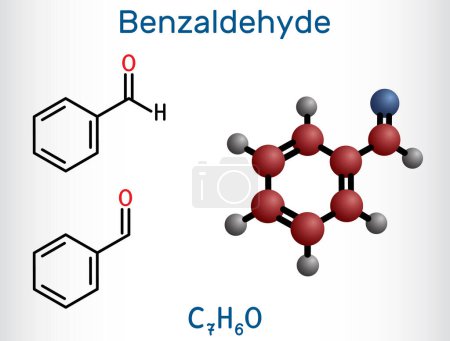 Illustration for Benzaldehyde, benzoic aldehyde molecule. It is simplest aromatic aldehyde with odor of bitter almond. Structural chemical formula, molecule model. Vector illustration - Royalty Free Image