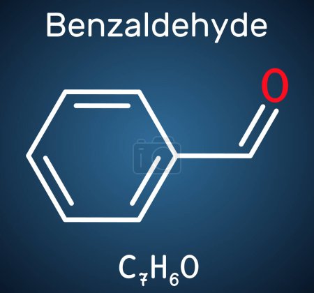 Illustration for Benzaldehyde, benzoic aldehyde molecule. It is simplest aromatic aldehyde with odor of bitter almond. Structural chemical formula on the dark blue background. Vector illustration - Royalty Free Image