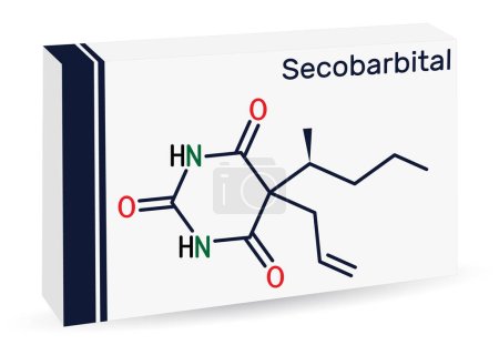 Illustration for Secobarbital molecule. Barbiturate drug with anaesthetic, anticonvulsant, sedative, hypnotic properties for treatment of insomnia. Skeletal chemical formula. Paper packaging for drugs. Vector illustration - Royalty Free Image
