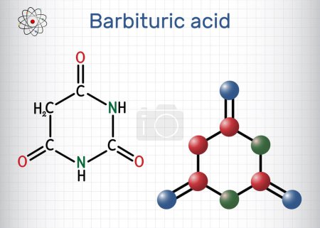 Illustration for Barbituric acid, malonylurea or 6-hydroxyuracil molecule. It is parent compound of barbiturate drugs. Structural chemical formula, molecule model. Sheet of paper in a cage. Vector illustration - Royalty Free Image